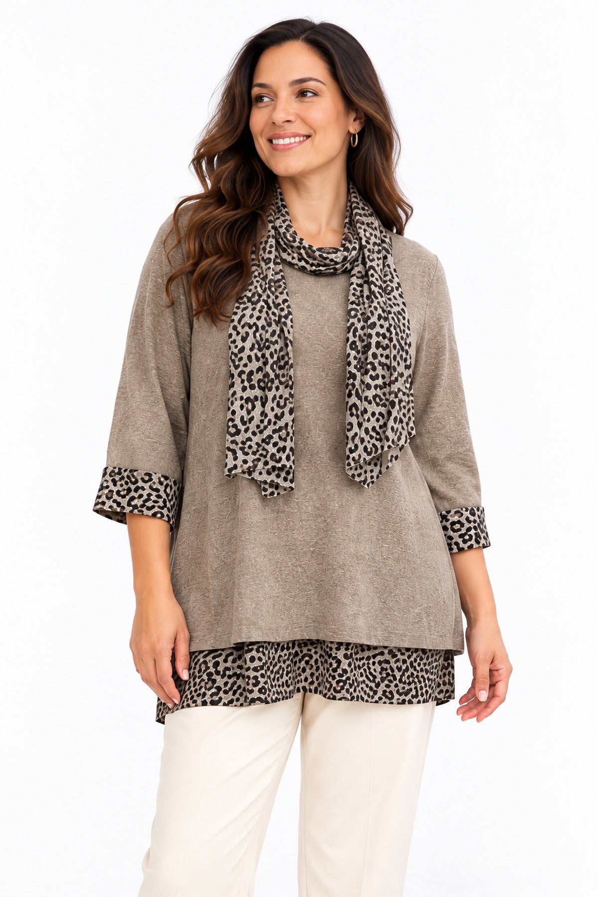 Women's Leopard Print Trim Tunic Top with Matching Scarf – Relaxed Fit – 11 Colours