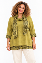 Women's Leopard Print Trim Tunic Top with Matching Scarf – Relaxed Fit – 11 Colours