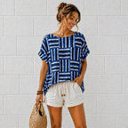 Women’s Geometric Stripe Print Cotton Top – Relaxed Summer Blouse