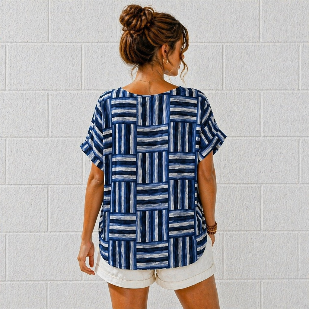 Women’s Geometric Stripe Print Cotton Top – Relaxed Summer Blouse