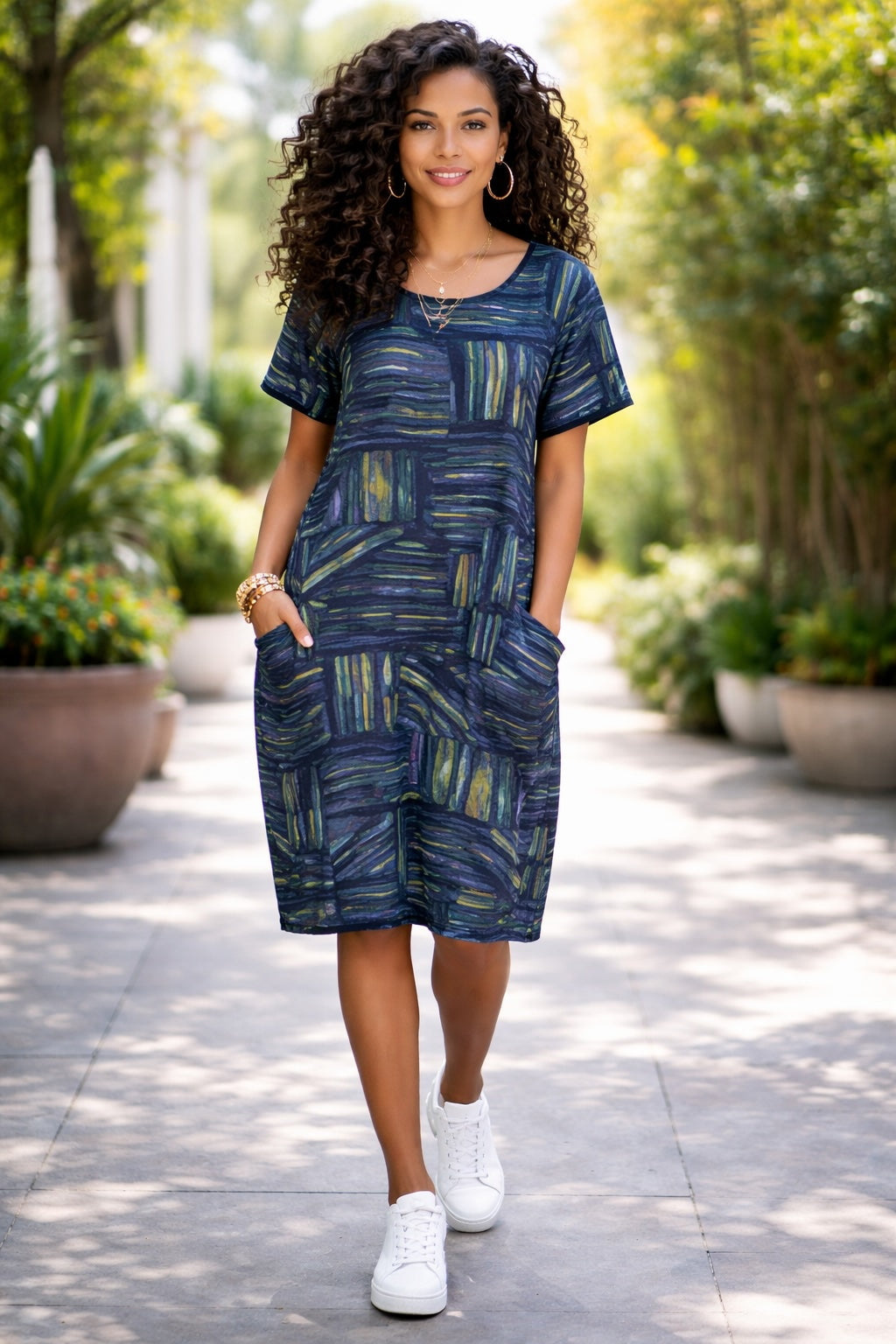 Women’s Colour Sticks Cotton Short Sleeve Dress
