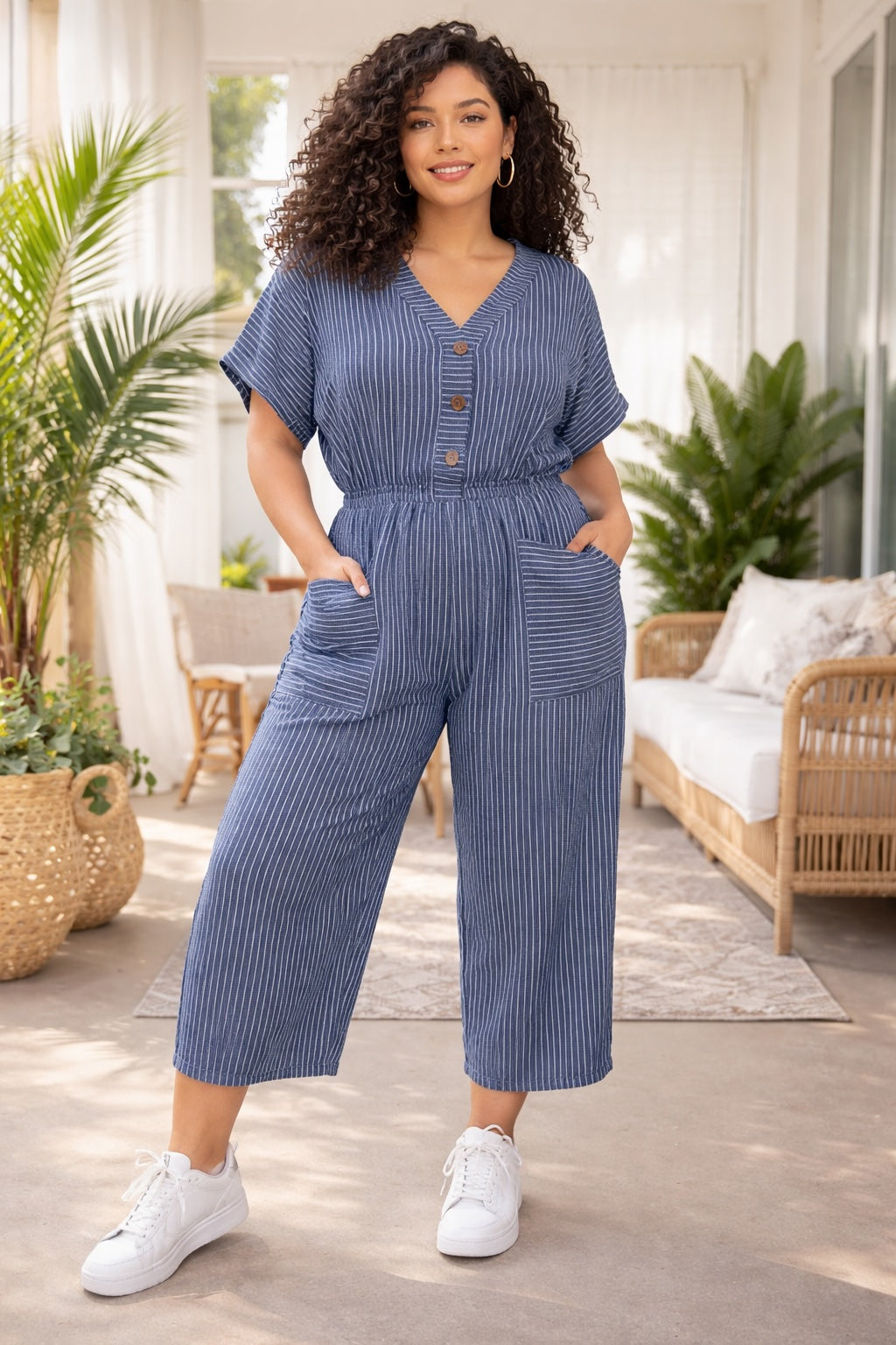 Women’s Striped Cotton Wide-Leg Button Detail Jumpsuit