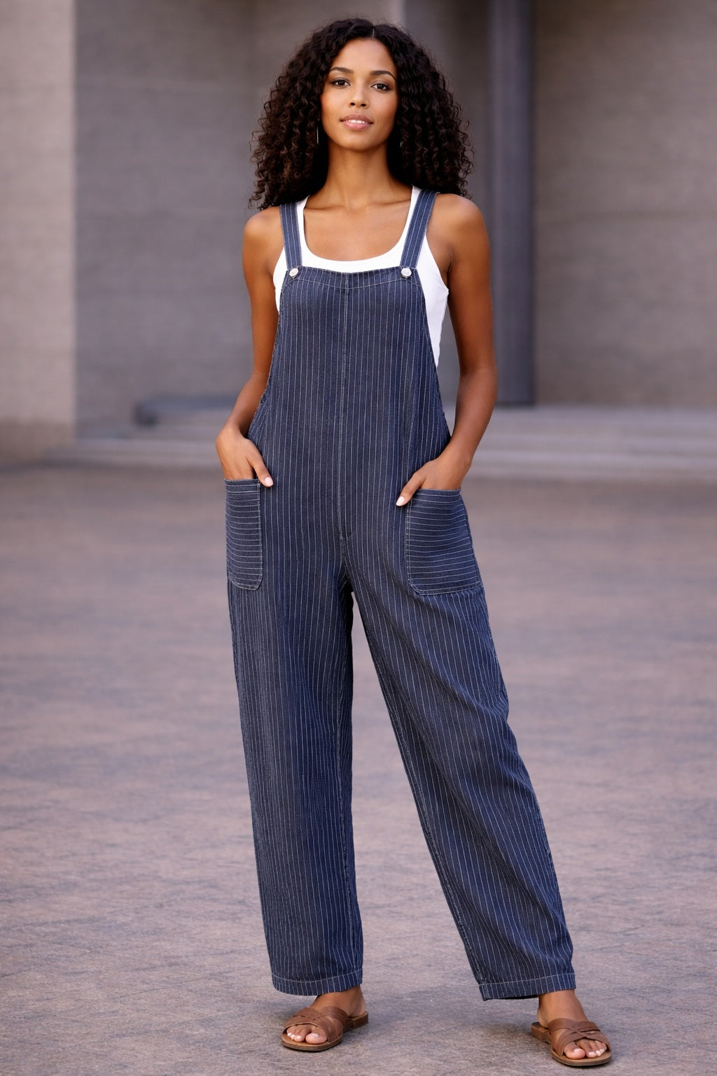 Women’s Stripy Cotton Dungarees Jumpsuit with Pockets