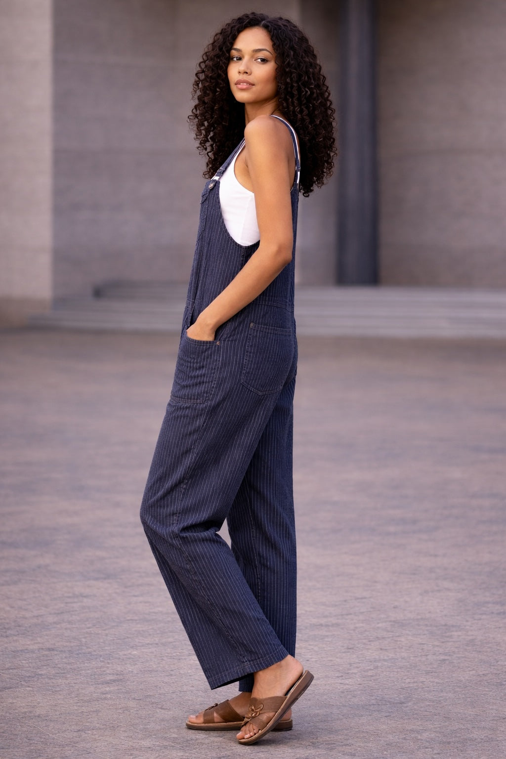 Women’s Stripy Cotton Dungarees Jumpsuit with Pockets