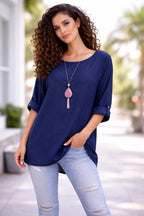 Women’s Cotton Necklace Top – Loose Fit Casual Tunic Blouse