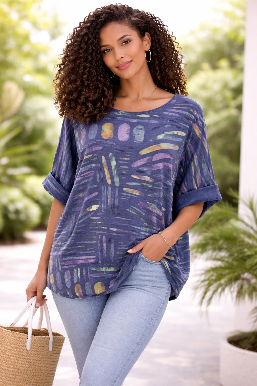 Women’s Colour Stick Print Cotton Relaxed Top