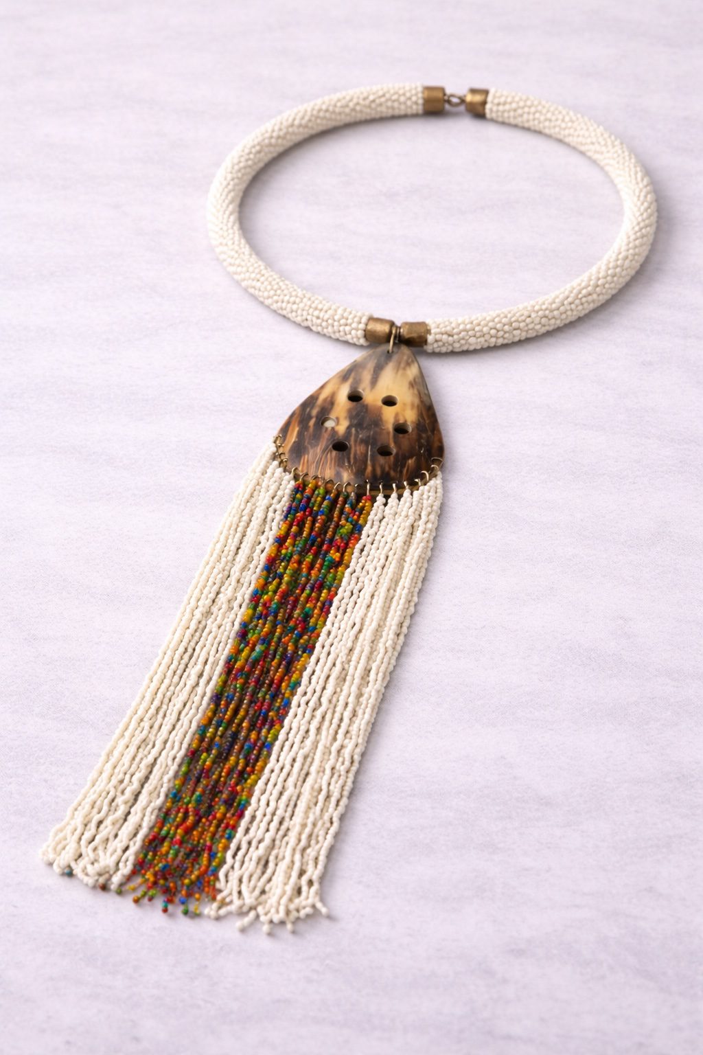 Handcrafted Beaded Fringe Pendant Necklace – Natural Statement Design