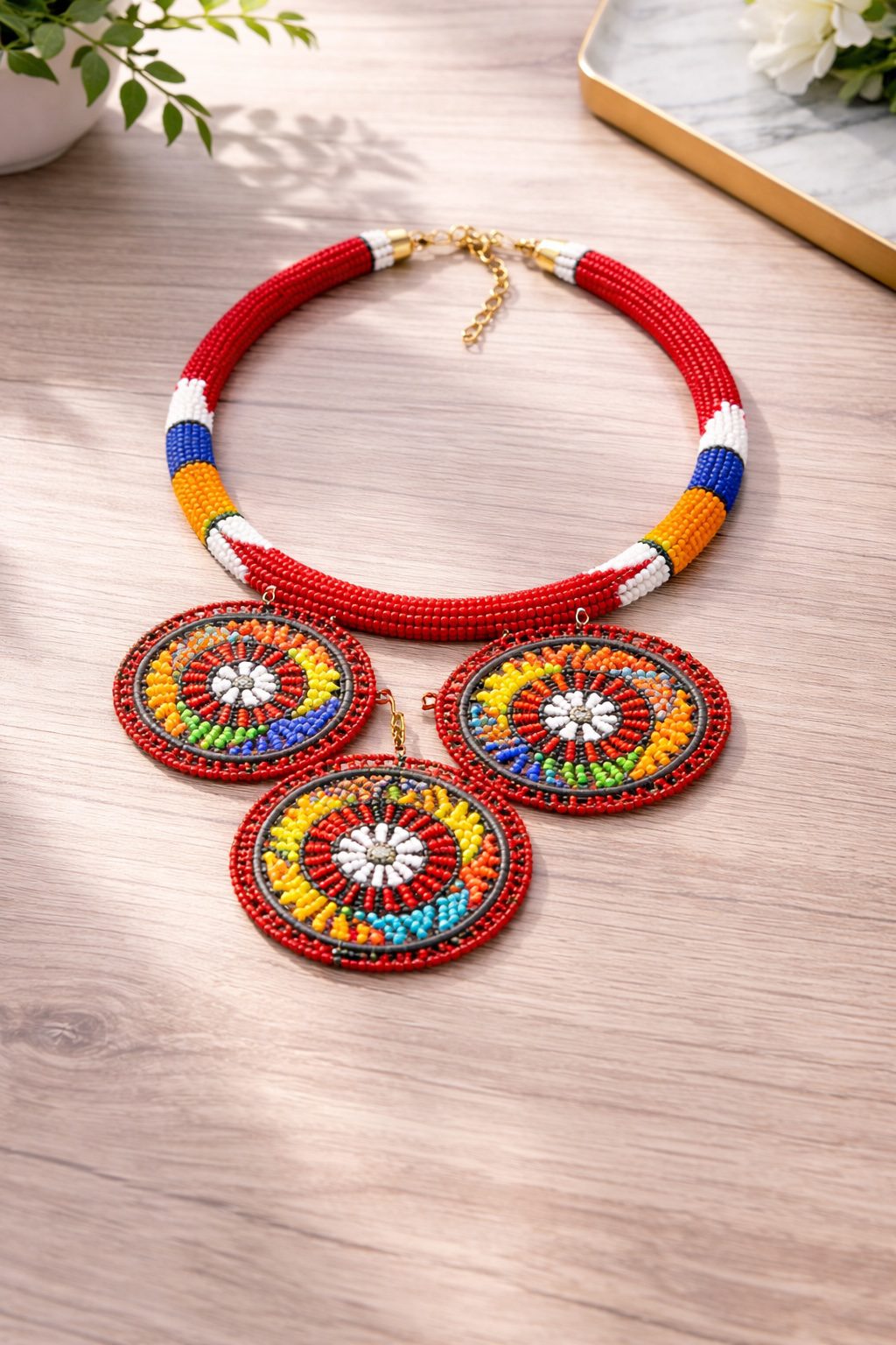Handcrafted Beaded Disc Statement Necklace – Multicolour Heritage Design