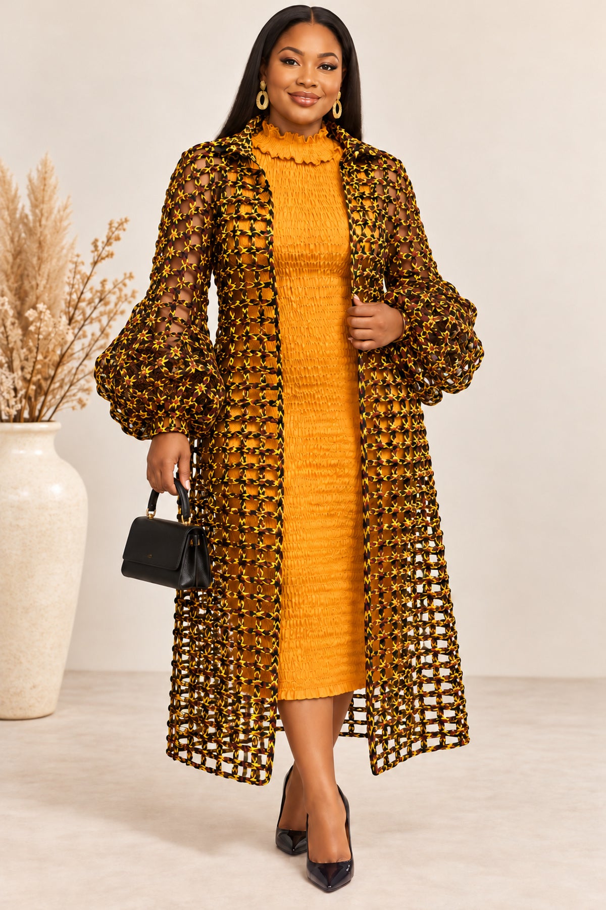 Tiana Mustard Ankara Weaved Long Puff Sleeve Overthrow
