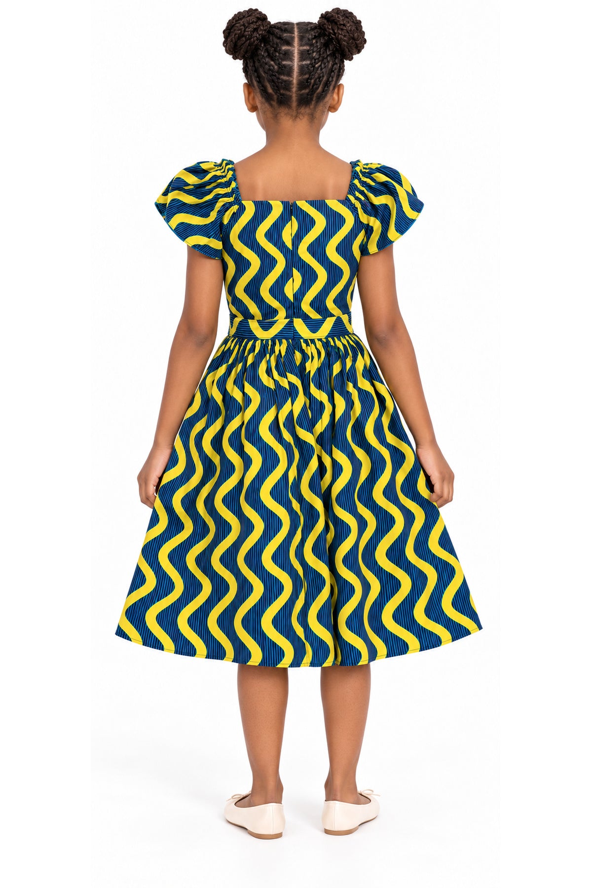Back view of a girl wearing an African Print Puff Sleeve Midi Dress in teal green and yellow Ankara print.