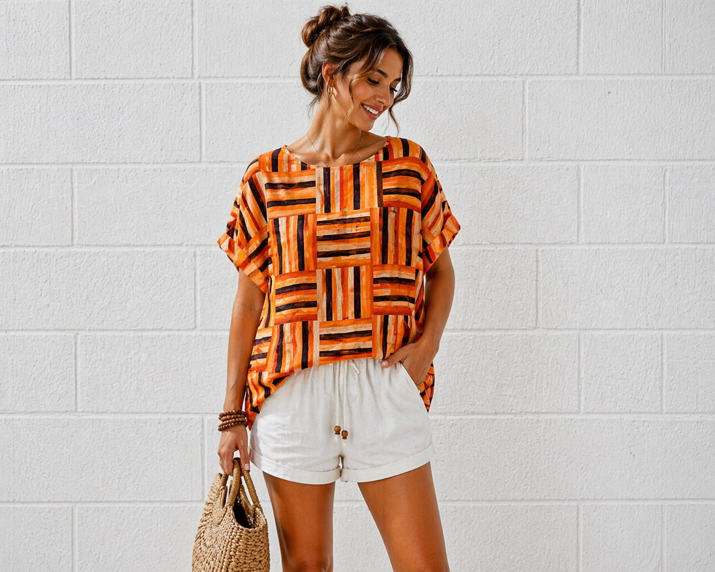 Women’s Geometric Stripe Print Cotton Top – Relaxed Summer Blouse