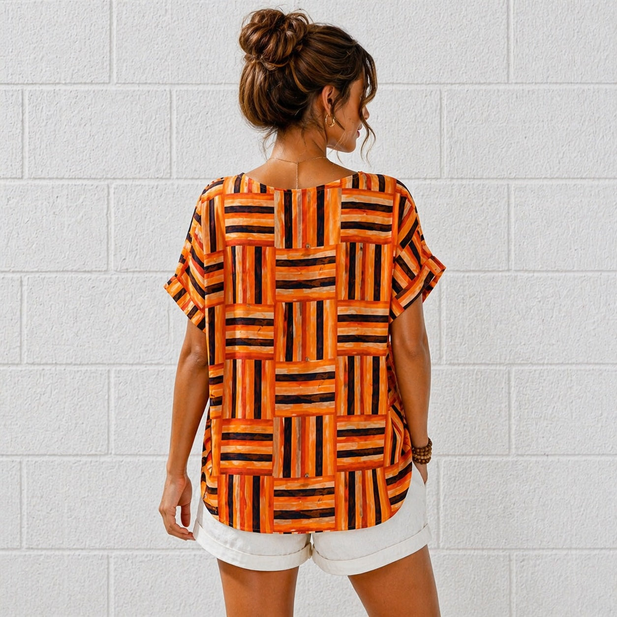 Women’s Geometric Stripe Print Cotton Top – Relaxed Summer Blouse