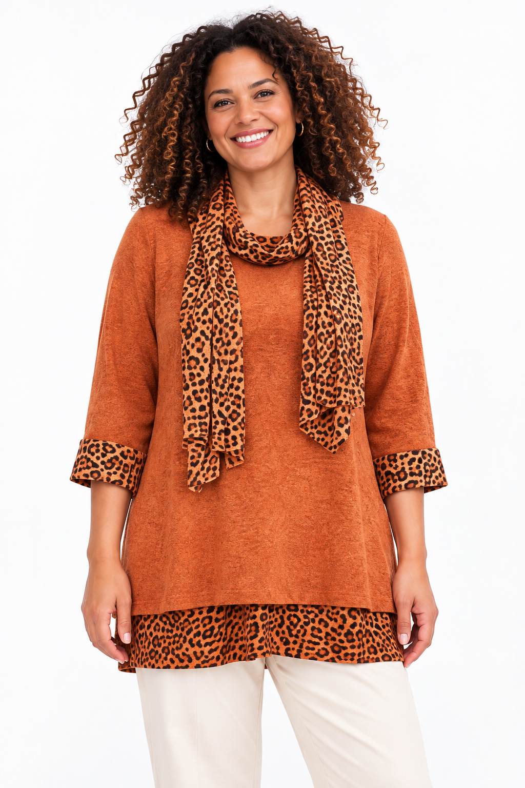 Women's Leopard Print Trim Tunic Top with Matching Scarf – Relaxed Fit – 11 Colours