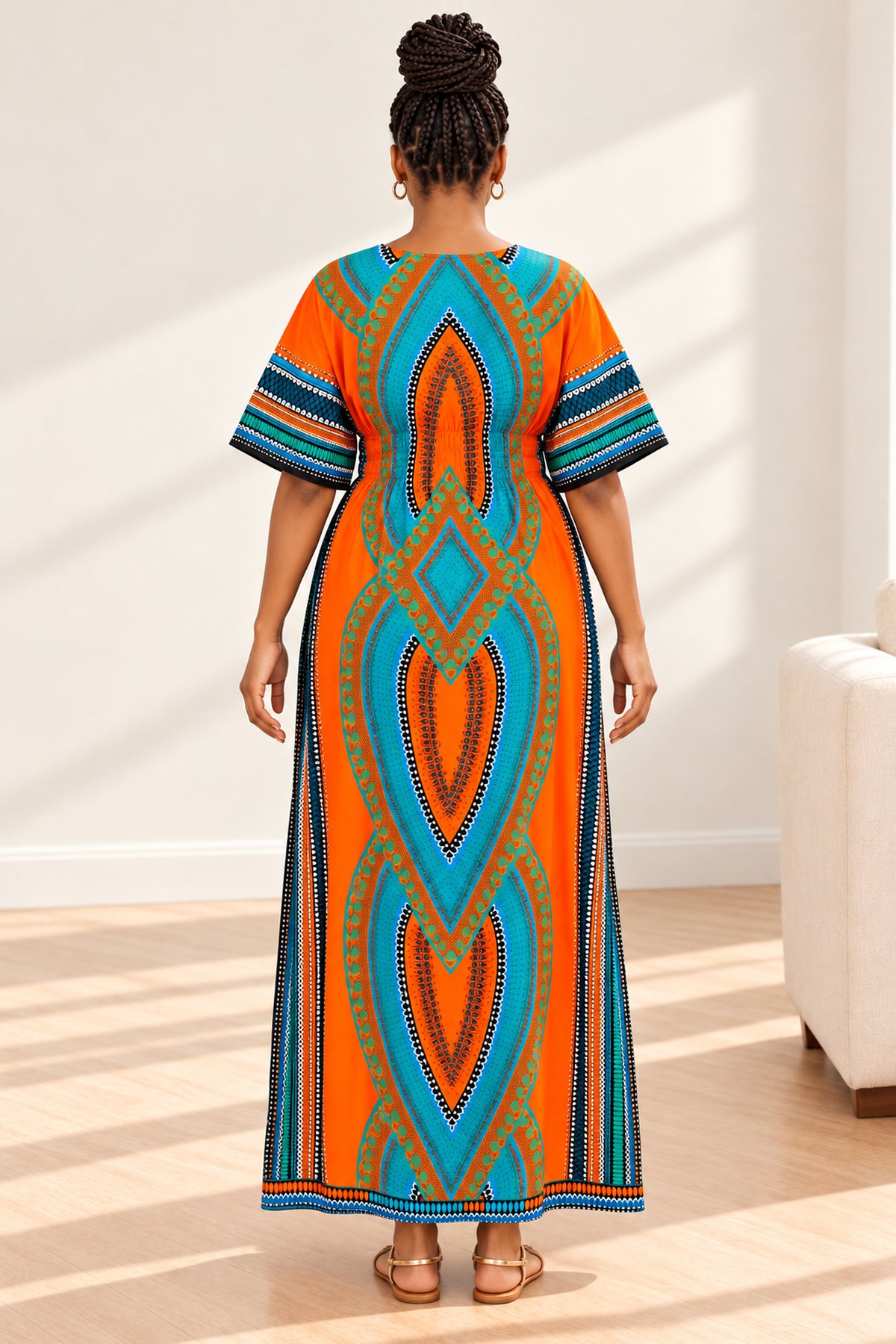 Women's African Print Dashiki Maxi Dress – Short Sleeve Traditional Kaftan in Various Colours