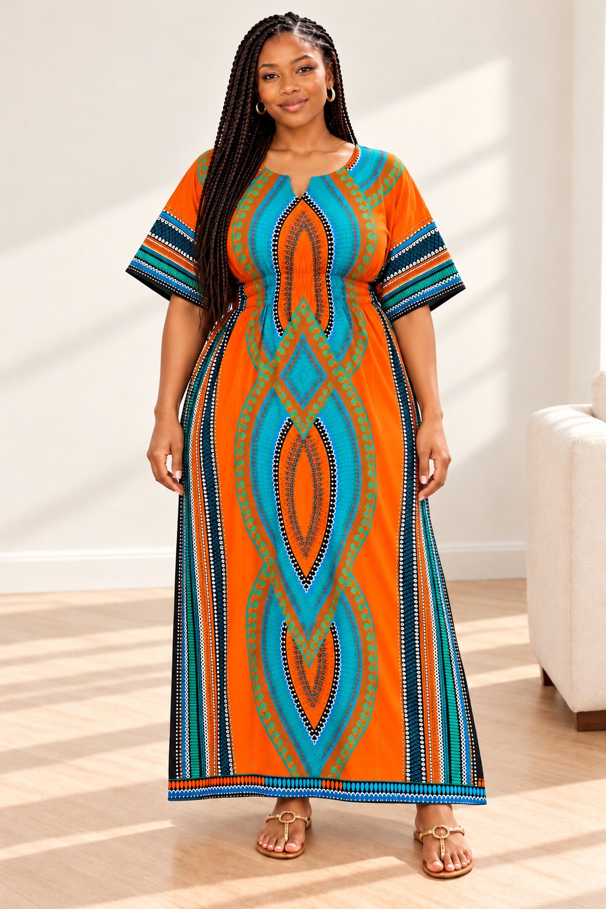 Women's African Print Dashiki Maxi Dress – Short Sleeve Traditional Kaftan in Various Colours