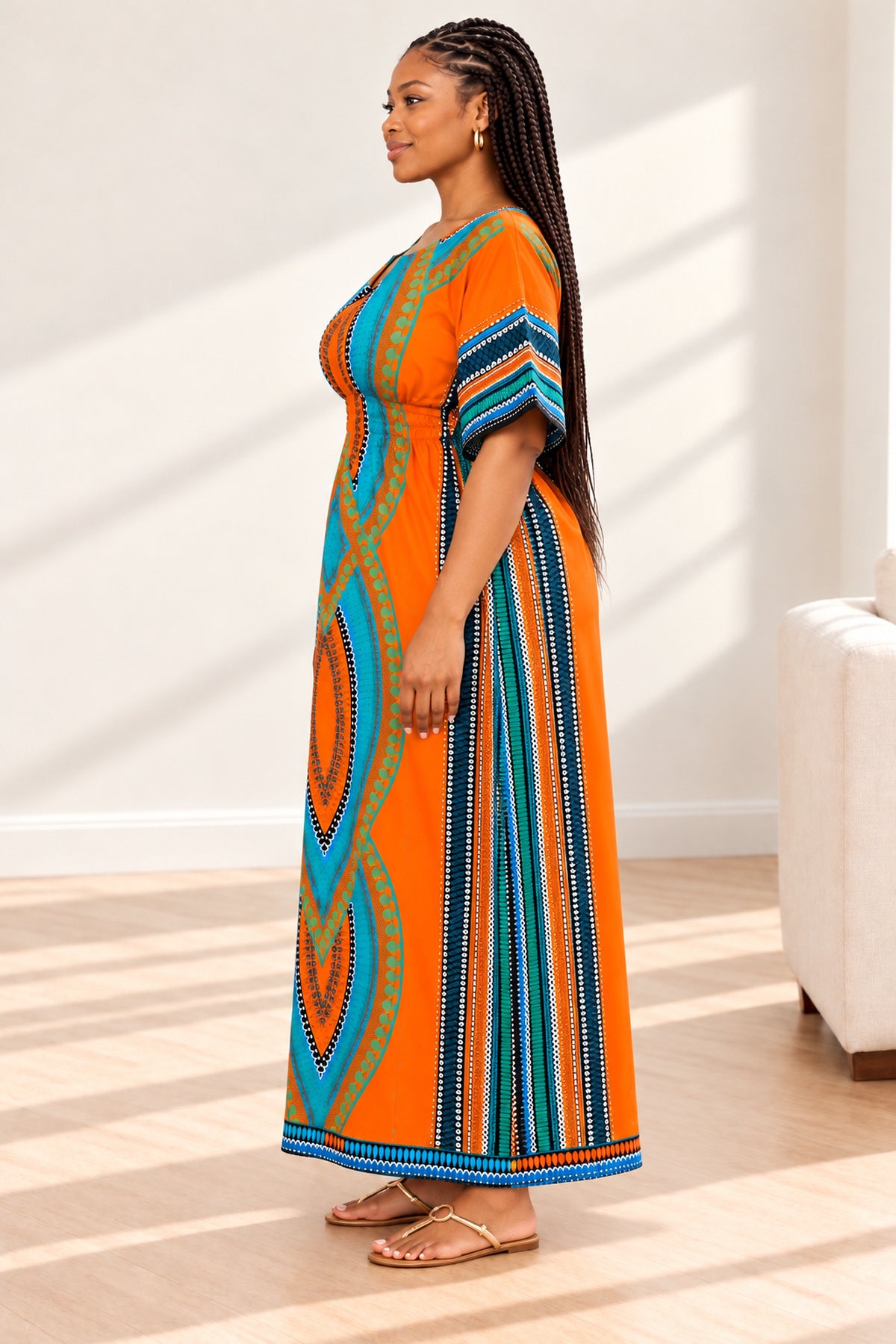 Women's African Print Dashiki Maxi Dress – Short Sleeve Traditional Kaftan in Various Colours