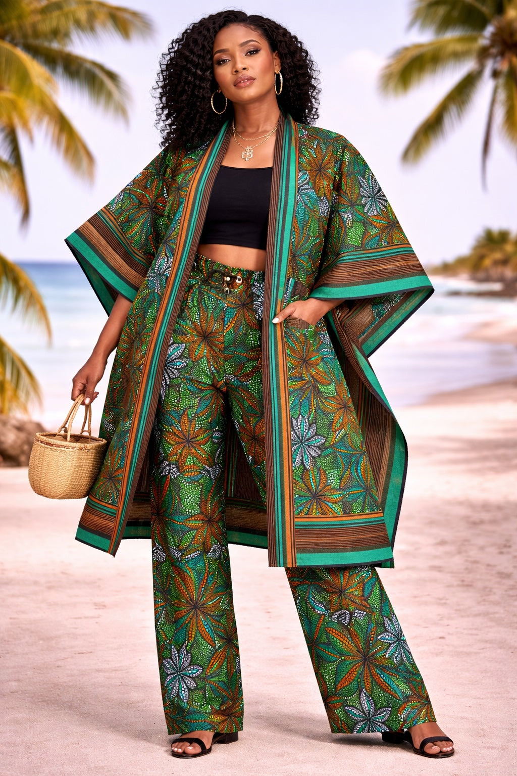 Green African Print Palazzo Trousers & Kimono Co-Ord Set