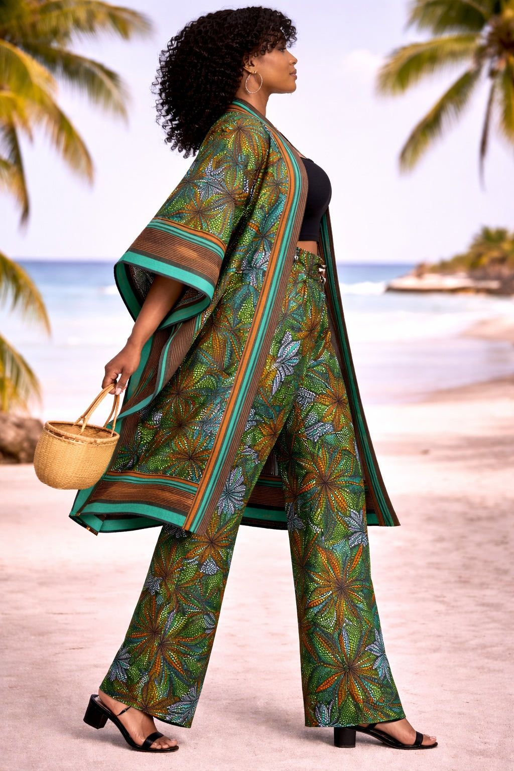 Green African Print Palazzo Trousers & Kimono Co-Ord Set