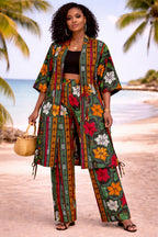 Green Floral African Print Palazzo Trousers & Kimono Co-Ord Set