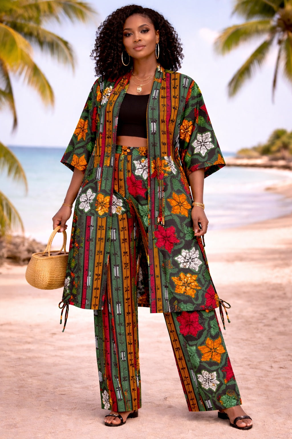 Green Floral African Print Palazzo Trousers & Kimono Co-Ord Set