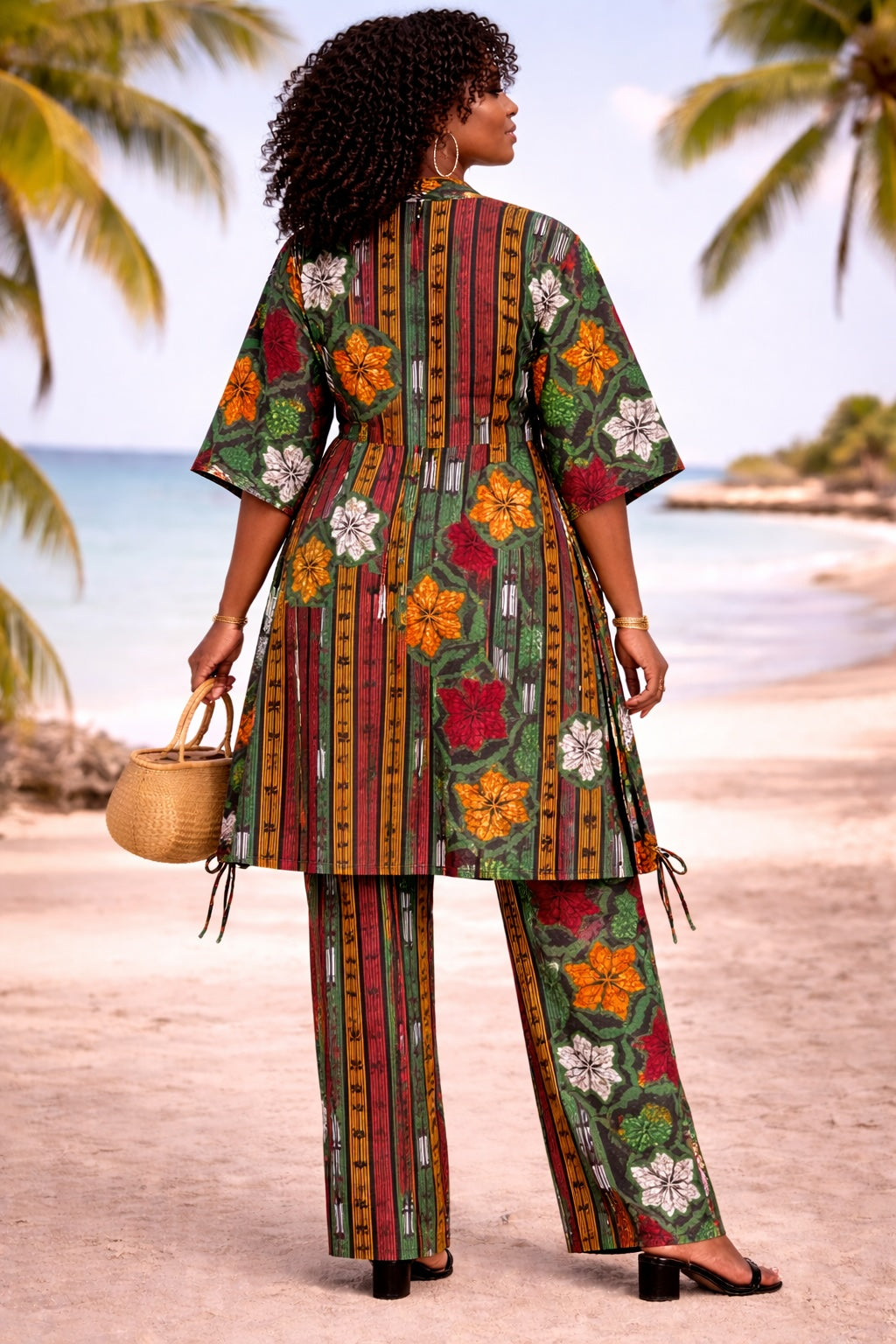 Green Floral African Print Palazzo Trousers & Kimono Co-Ord Set