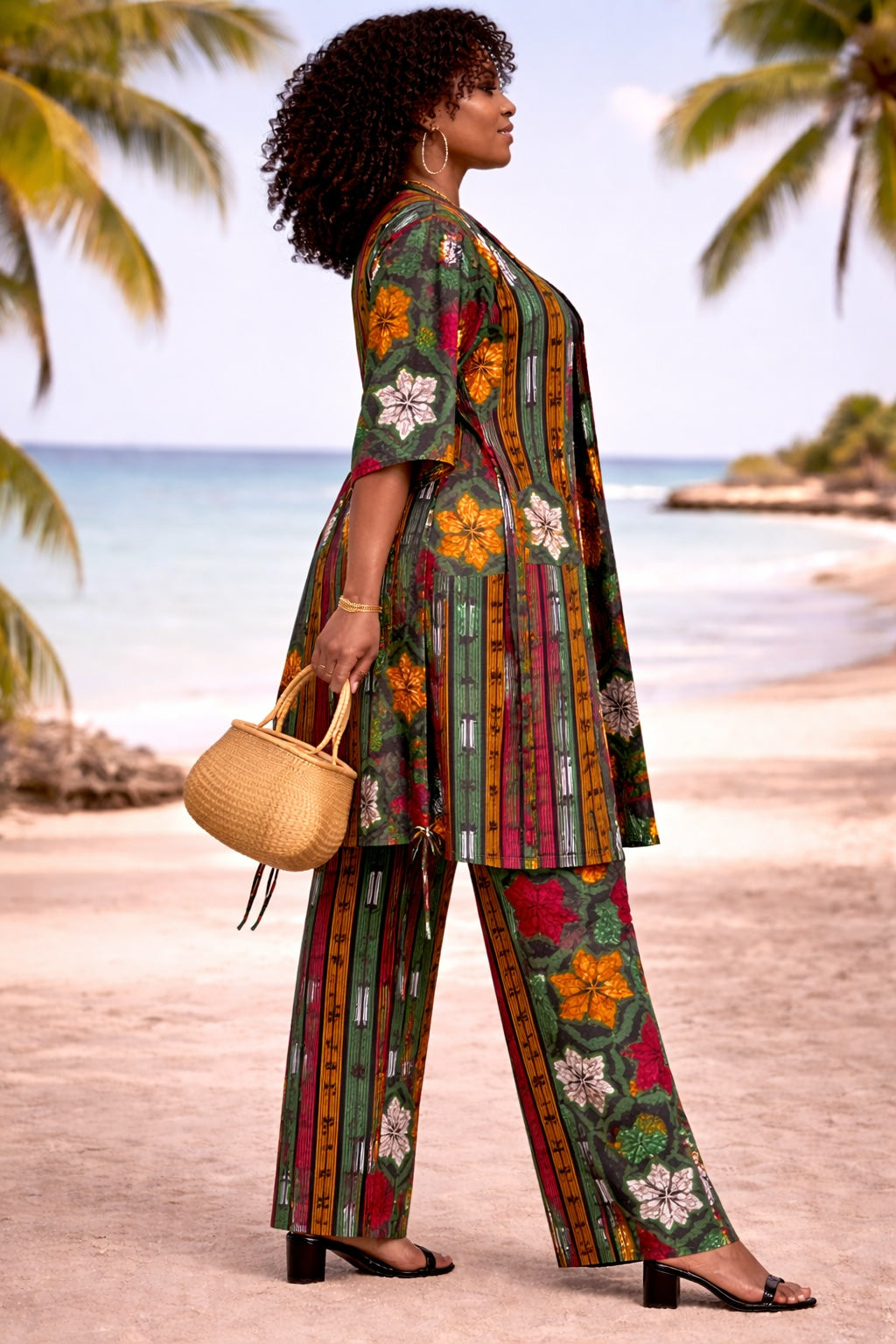 Green Floral African Print Palazzo Trousers & Kimono Co-Ord Set