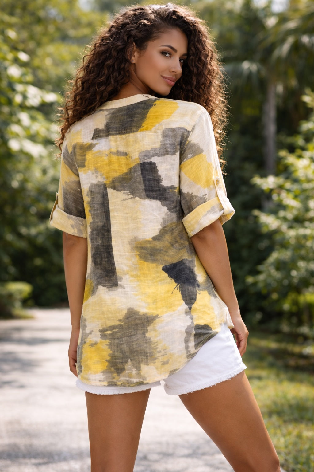 Women’s Splash Print Grandad 3 Button Cotton Top