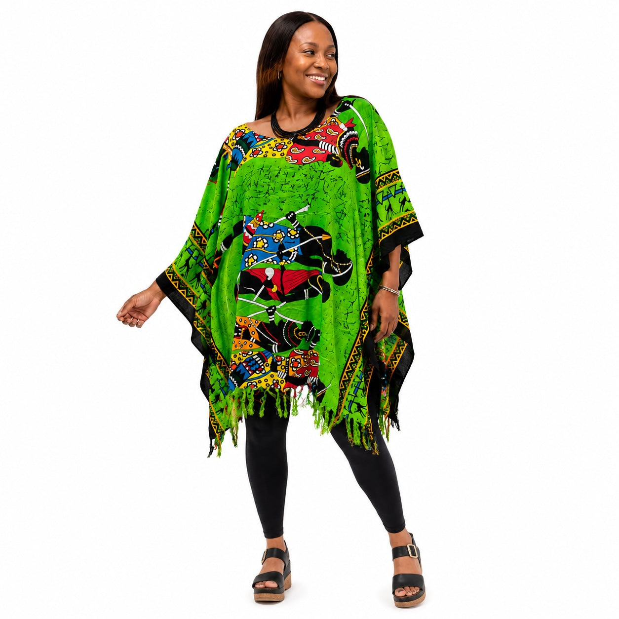 Women’s African Print Dashiki Kaftan Poncho Top – Green Multicolour Free Size