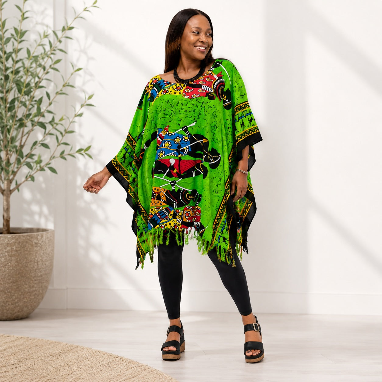 Women’s African Print Dashiki Kaftan Poncho Top – Green Multicolour Free Size