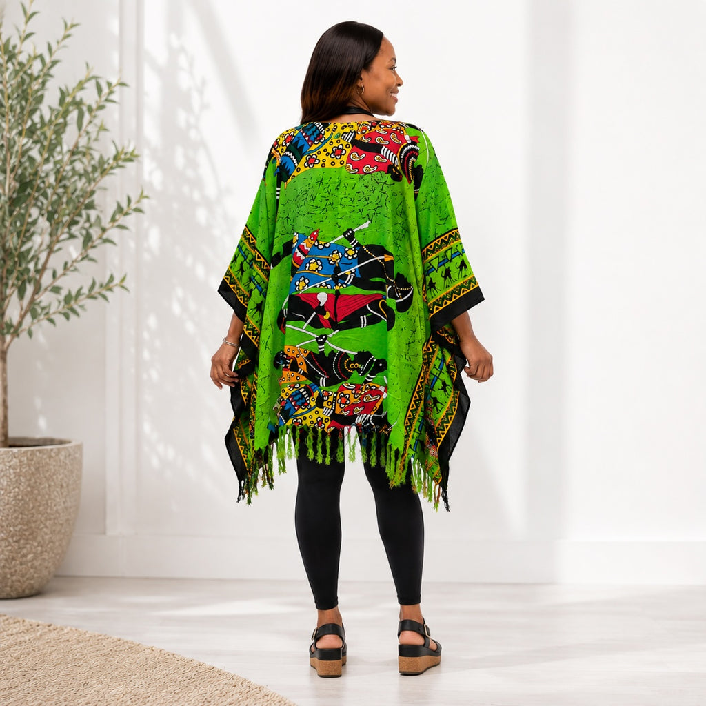 Women’s African Print Dashiki Kaftan Poncho Top – Green Multicolour Free Size