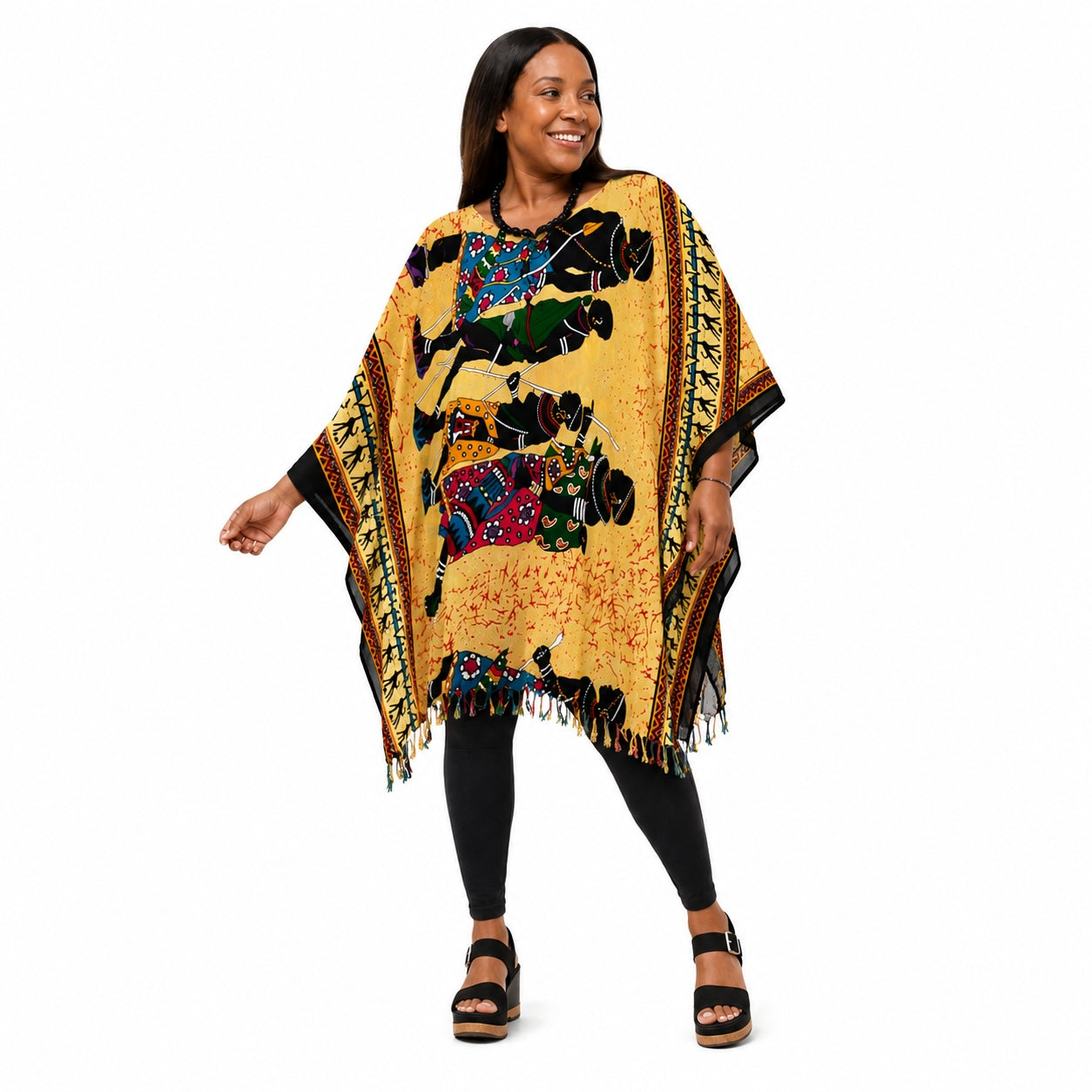 Women’s African Dashiki Kaftan Poncho Top – Mustard Yellow Multicolour Free Size