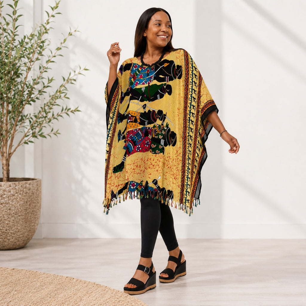 Women’s African Dashiki Kaftan Poncho Top – Mustard Yellow Multicolour Free Size
