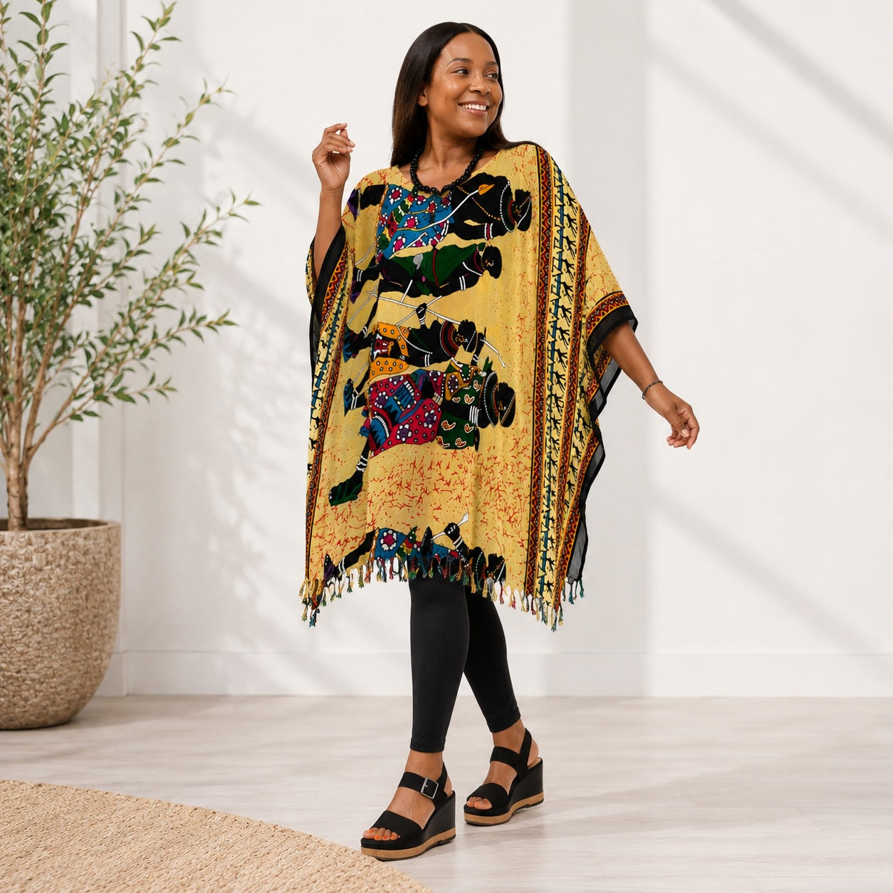 Women’s African Dashiki Kaftan Poncho Top – Mustard Yellow Multicolour Free Size
