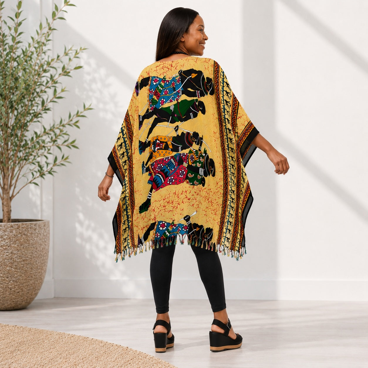 Women’s African Dashiki Kaftan Poncho Top – Mustard Yellow Multicolour Free Size
