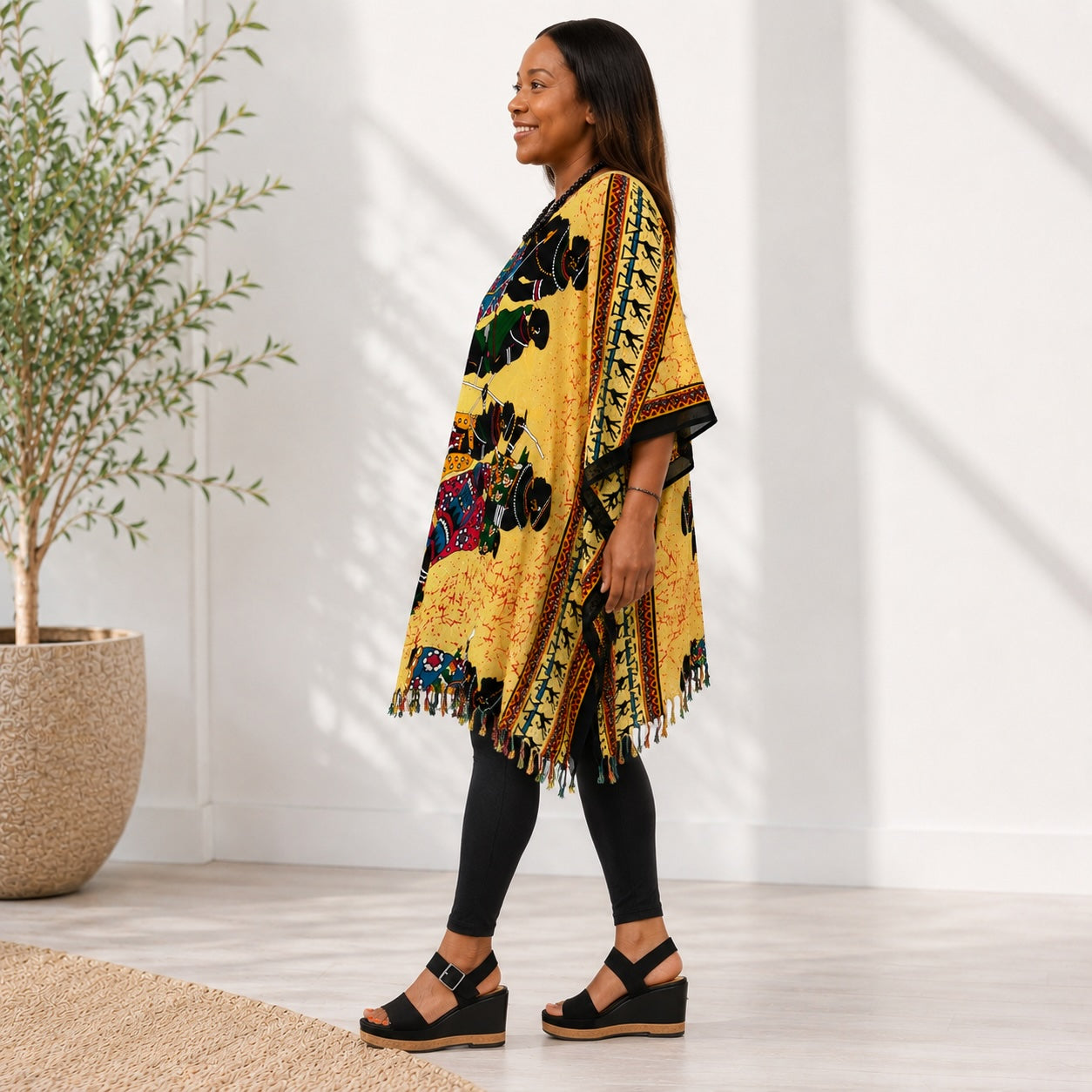 Women’s African Dashiki Kaftan Poncho Top – Mustard Yellow Multicolour Free Size