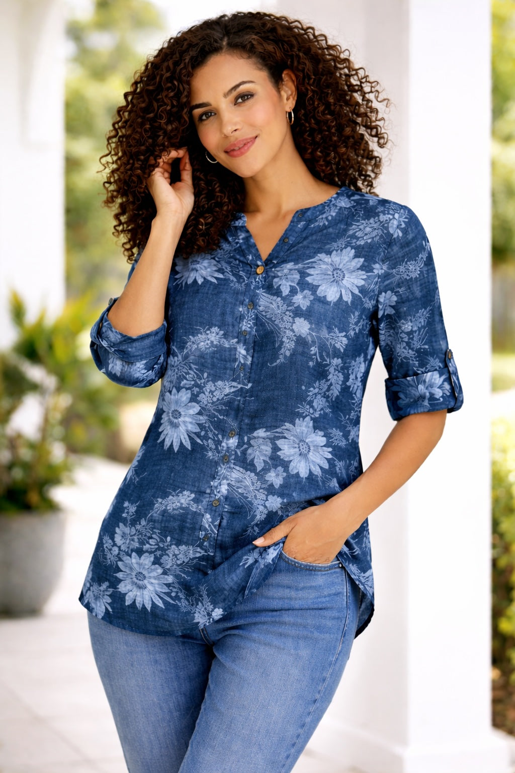 Women’s Floral One Button Cotton Shirt Blouse