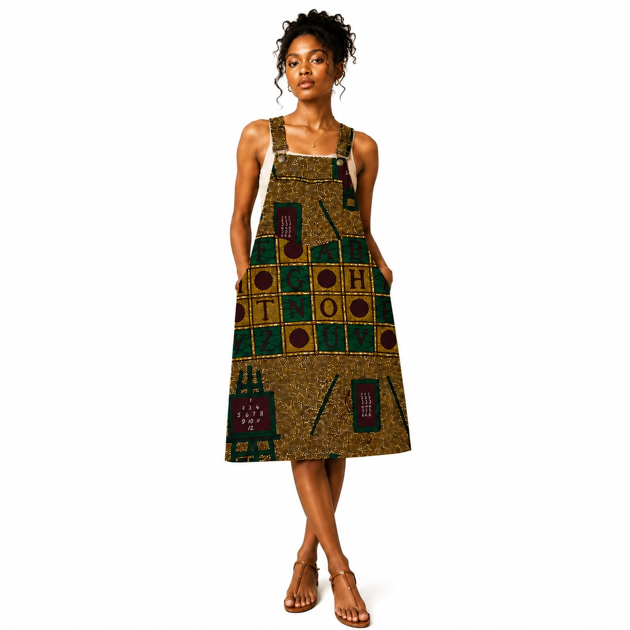 Women’s African Print Pinafore Midi Dress – Mustard Green Educational Print
