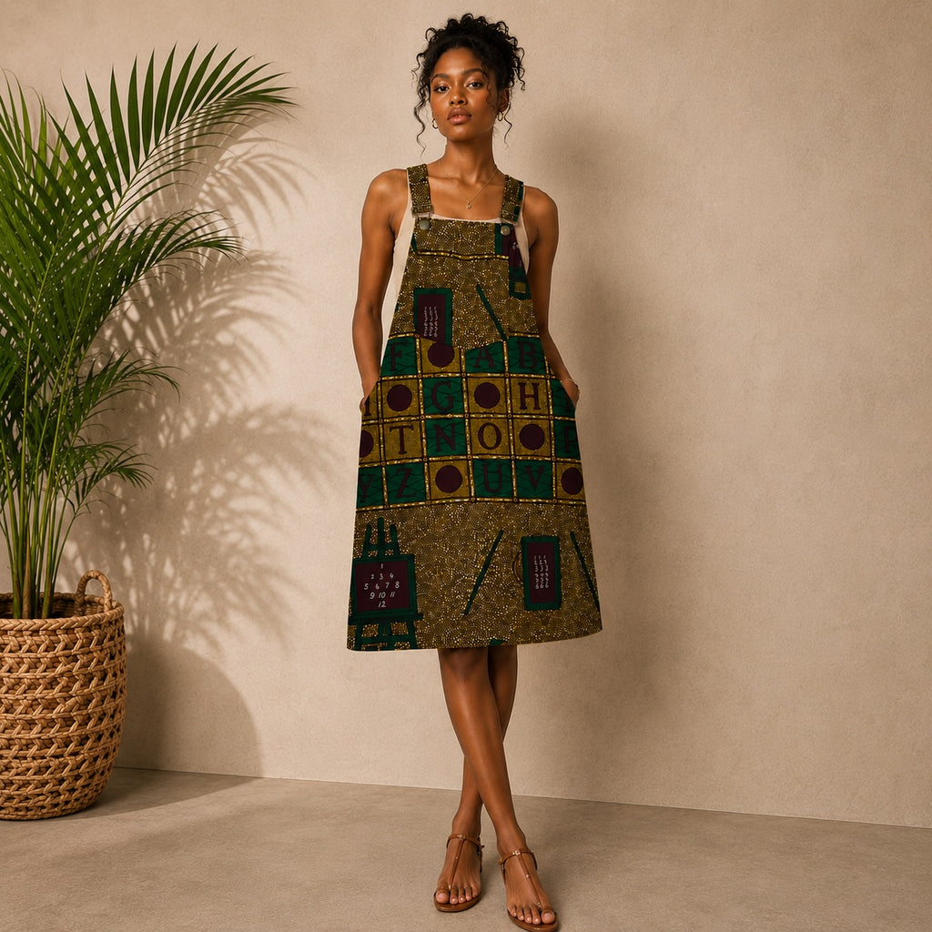 Women’s African Print Pinafore Midi Dress – Mustard Green Educational Print