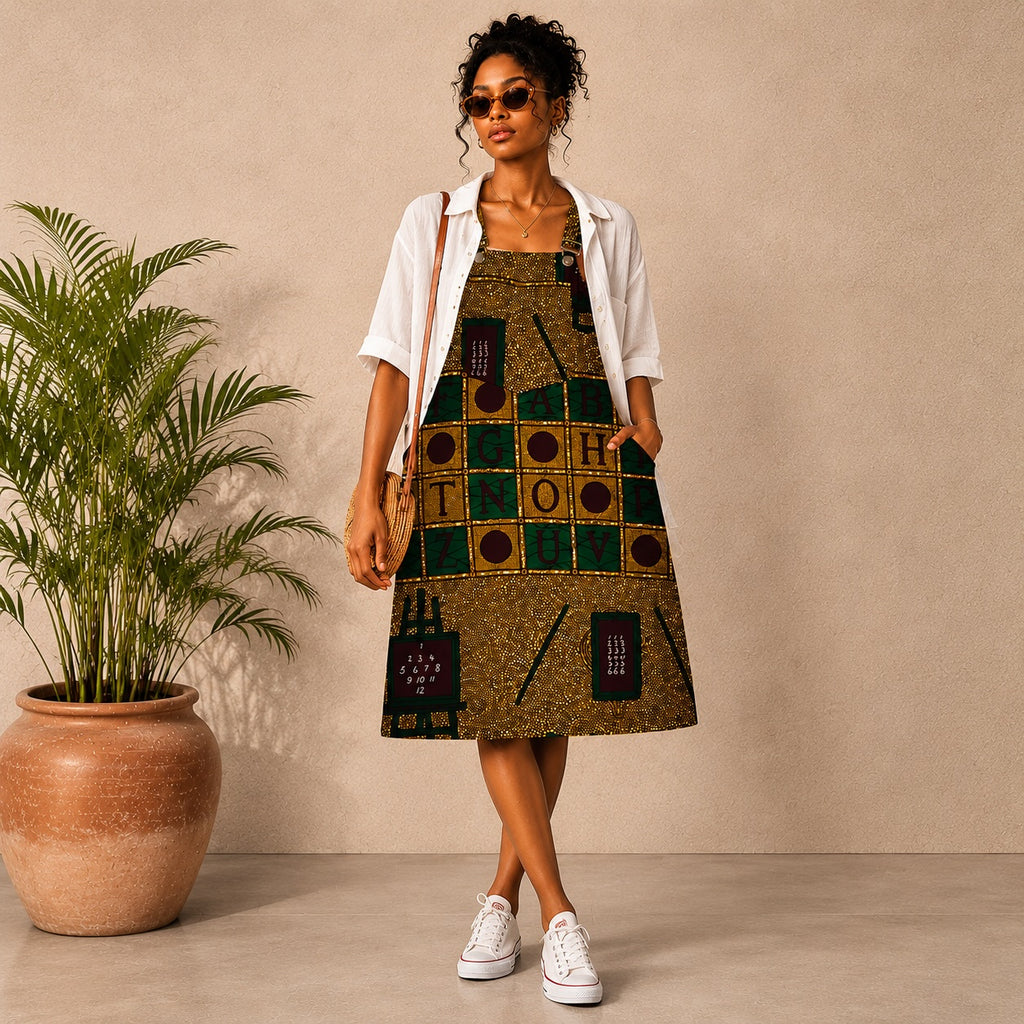 Women’s African Print Pinafore Midi Dress – Mustard Green Educational Print