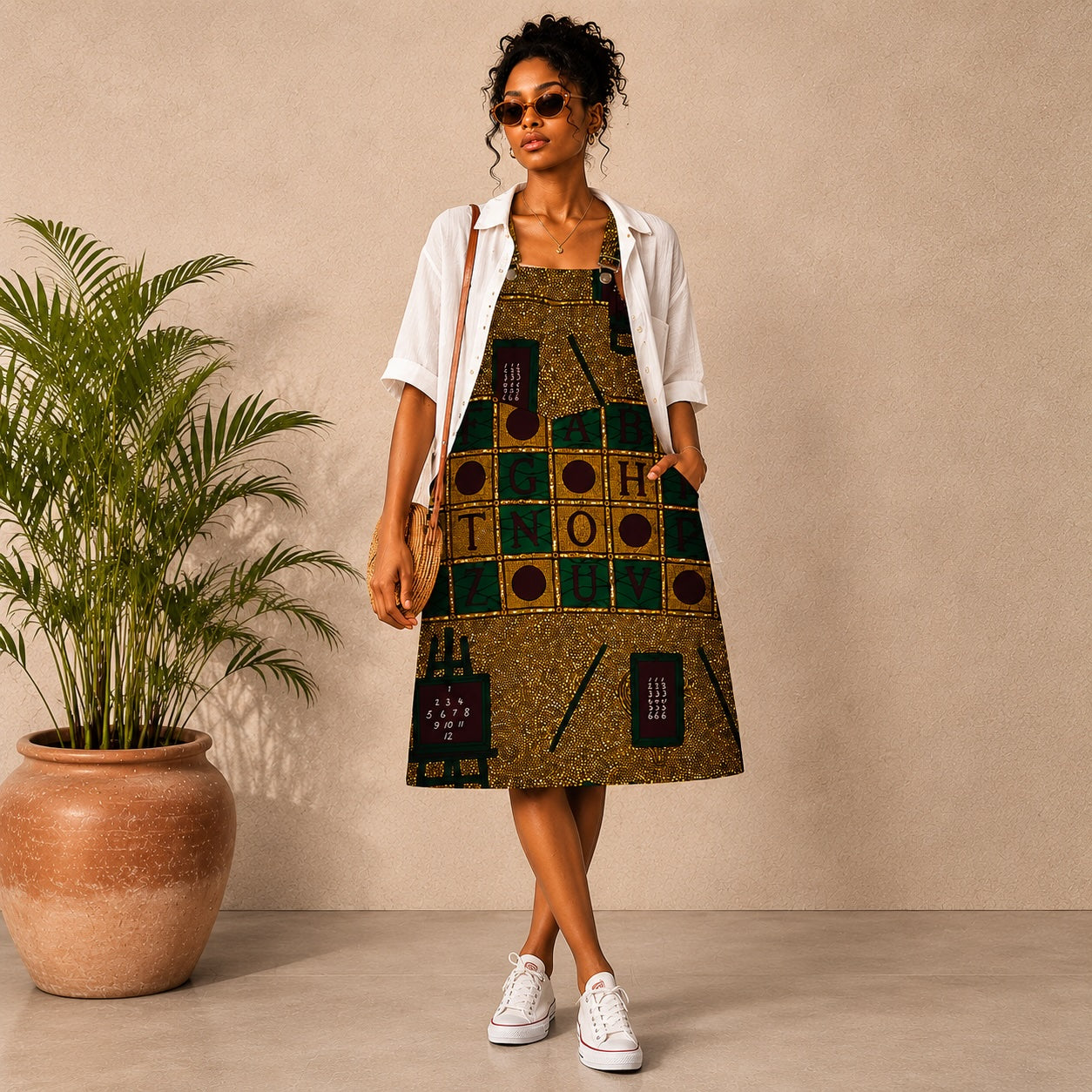 Women’s African Print Pinafore Midi Dress – Mustard Green Educational Print