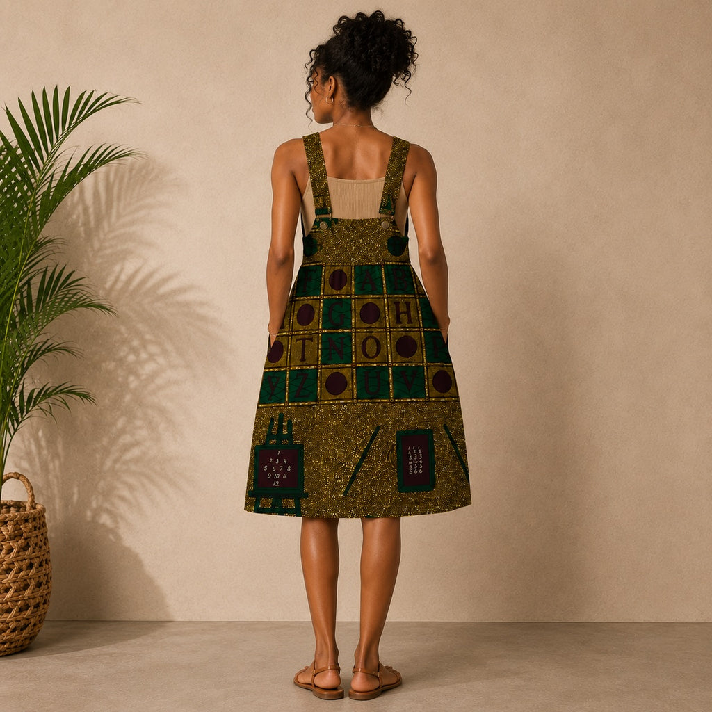 Women’s African Print Pinafore Midi Dress – Mustard Green Educational Print