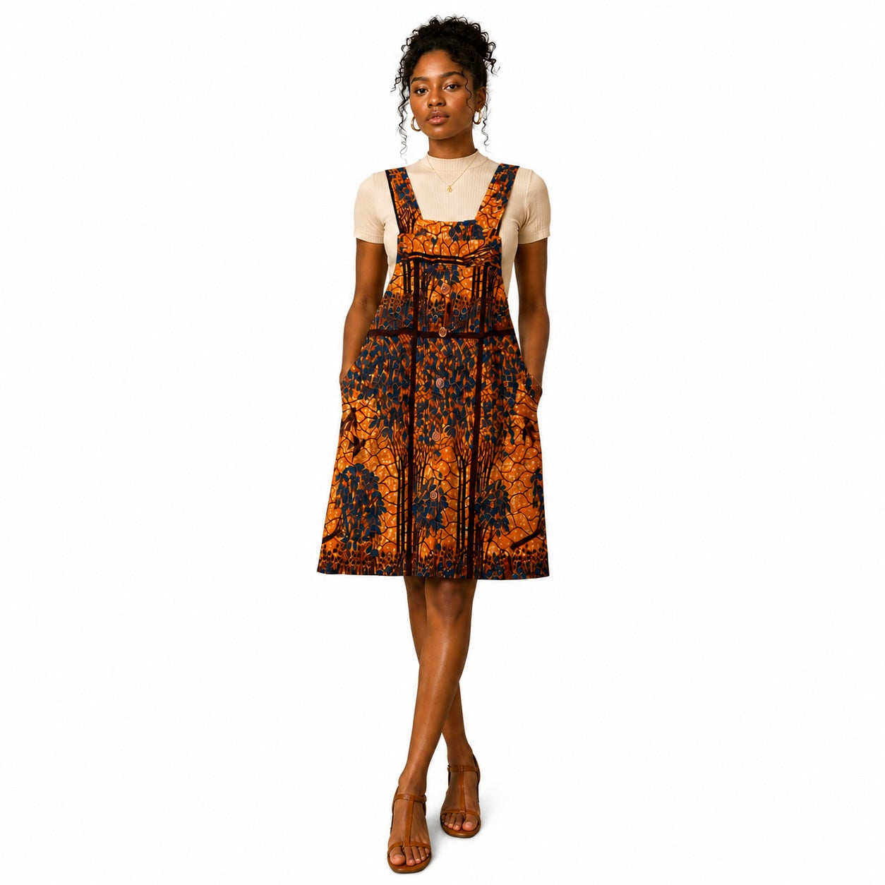 Women’s African Print Pinafore Midi Dress – Orange & Navy Ankara