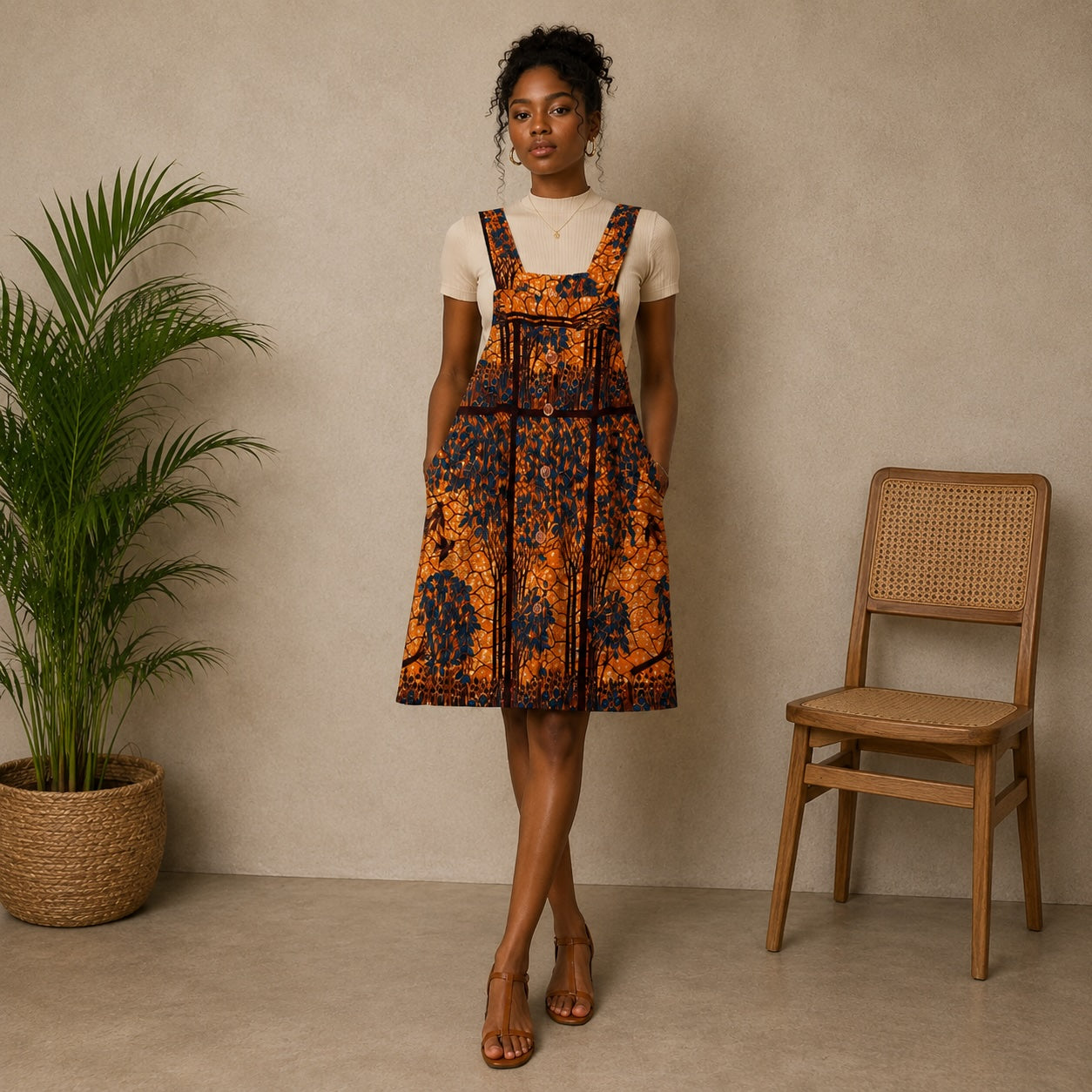 Women’s African Print Pinafore Midi Dress – Orange & Navy Ankara
