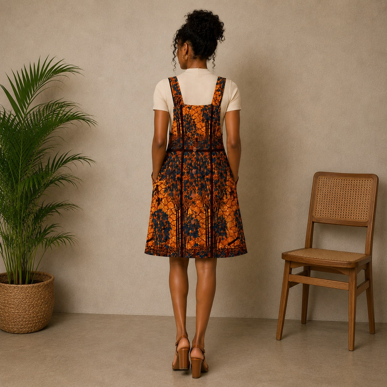 Women’s African Print Pinafore Midi Dress – Orange & Navy Ankara