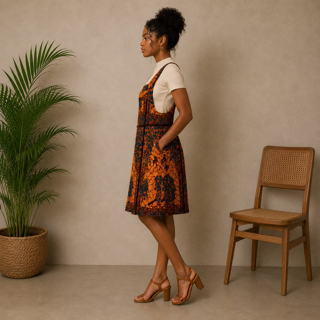 Women’s African Print Pinafore Midi Dress – Orange & Navy Ankara