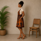 Women’s African Print Pinafore Midi Dress – Orange & Navy Ankara