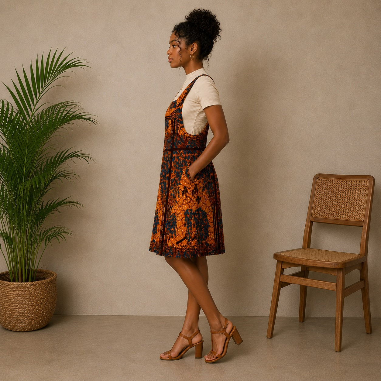 Women’s African Print Pinafore Midi Dress – Orange & Navy Ankara