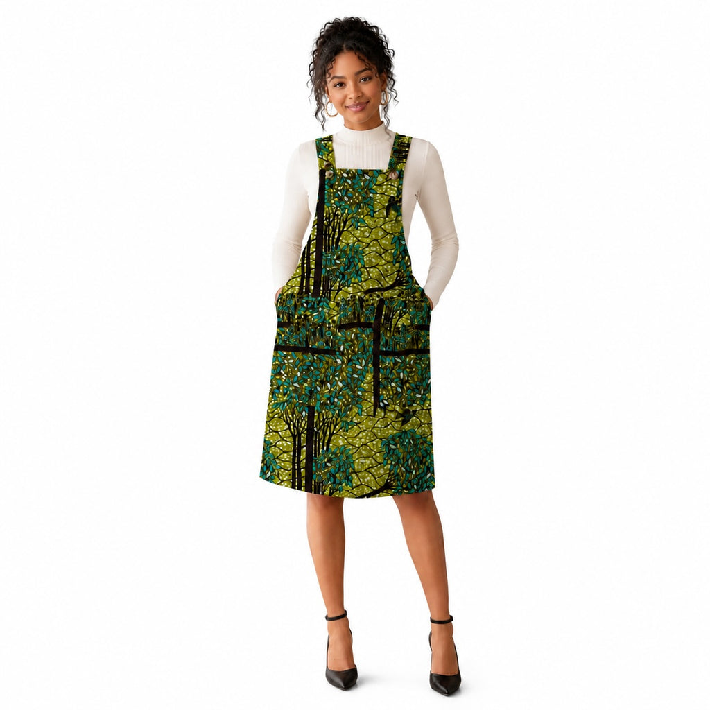Women’s African Print Pinafore Midi Dress – Green & Blue Ankara