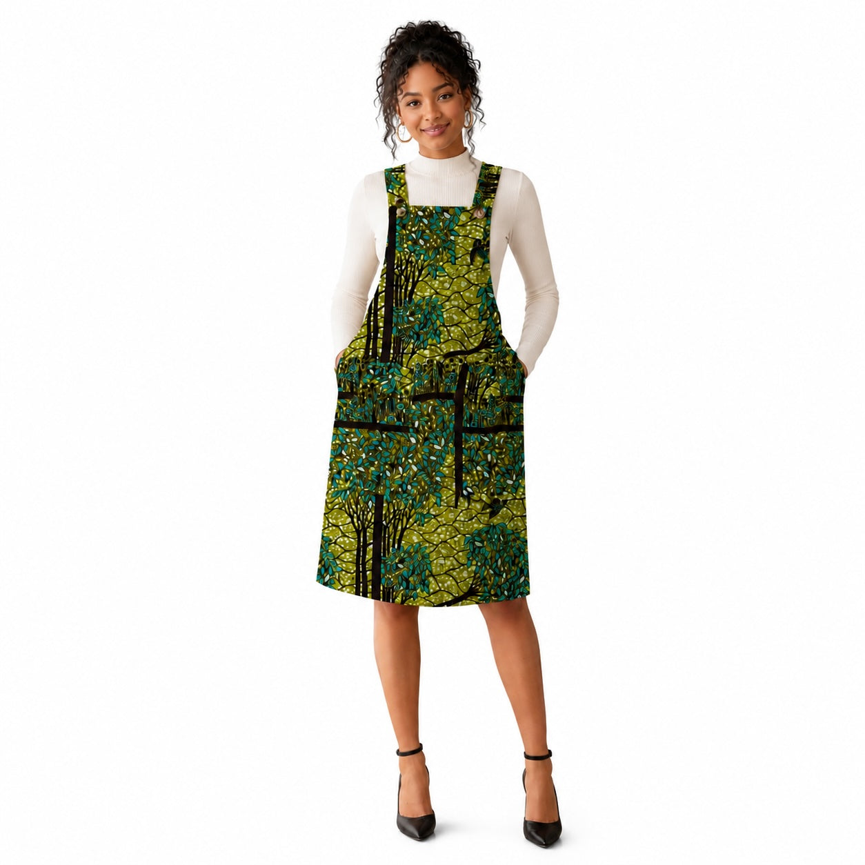 Women’s African Print Pinafore Midi Dress – Green & Blue Ankara