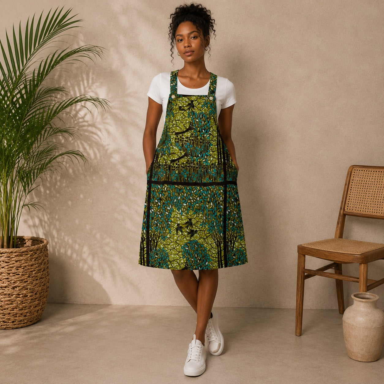Women’s African Print Pinafore Midi Dress – Green & Blue Ankara